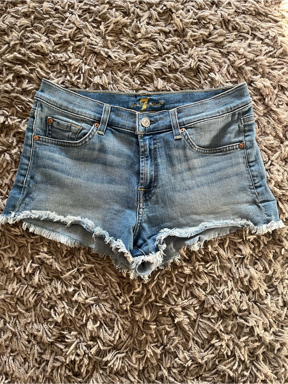 7 For All Mankind Light Blue Frayed Hem Denim Shorts